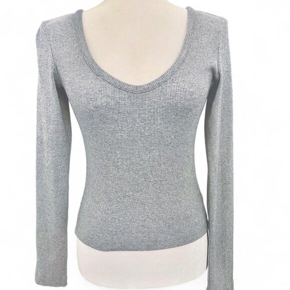 Universal Thread Gray Ribbed Scoop Neck Fitted Long Sleeve Top XS Stretch Knit - Picture 1 of 5